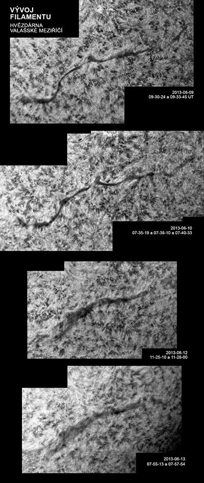 Tato čtveřice snímků (čas uveden pod snímky) ze dne 21. července 2013 ukazuje vývoj menší sluneční erupce. Snímky jsou zpracovány tak, aby vynikly struktury v erupci a nikoliv okolní chromosféra. Foto: Hvězdárna Valašské Meziříčí