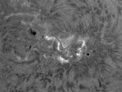 NOAA 12026 (vpravo) a 12028 (vlevo) ze dne 7. 4. 2014 v 07:24:33 UT. Na snímku můžete vidět chromosférické zjasnění mezi oběmi oblastmi.