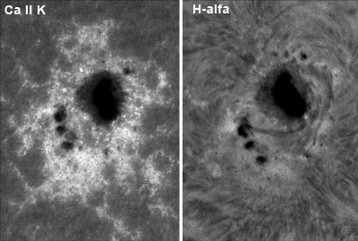 Aktivní skupina NOAA 12158 ve dvou různých vrstvách sluneční atmosféry. Levá část snímku ukazuje tuto oblast ve spektrální čáře Ca II K, tedy ve spodní vrstvě chromosféry. V pravé části je podoba aktivní skupiny ve vyšší vrstvě chromosféry