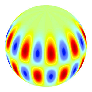 Příklad trojdimenzionálních vln. Vlnu si můžeme představit tak, že modrá místa představují lokální radiální pohyb vzhůru a červená lokální pohyb do nitra. Po půlce periody se jejich smysl vymění. Místa zelená (uzlové křivky) zůstávají stále v klidu. Spektrum slunečních oscilací  je kombinací sta milionů různých sférických vln.
