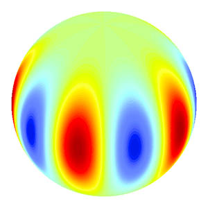 Vybrané příklady trojdimenzionálních vln. Vlnu si můžeme představit tak, že modrá místa představují lokální radiální pohyb vzhůru a červená lokální pohyb do nitra. Po půlce periody se jejich smysl vymění. Místa zelená (uzlové křivky) zůstávají stále v klidu. Spektrum slunečních oscilací je kombinací sta milionů různých sférických vln.