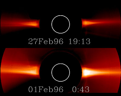 Obrázok 6a. Poloha prilbicovitých lúčov v okolí minima cyklu slnečnej aktivity (ESA/NASA/SOHO).