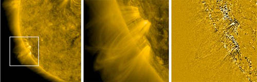 Obrázok 17. Spikule typu II, ako ich pozorovala 25. apríla 2010 americká sonda SDO. Ohraničená plocha z ľavého obrázku je zväčšená (stredný obrázok) a počítačom spracovaná (vpravo). Biele plôšky predstavujú zo Slnka stúpajúci horúci materiál  do koróny, tmavé plôšky miesta v koróne, kde spikula bola a jej materiál sa rozptýlil. (NASA, Solar Dynamics Observatory).
