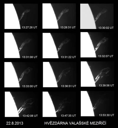 Řady snímků vývoje eruptivní protuberance ze dne 22. srpna 2013 pozorované na Hvězdárně Valašské Meziříčí.